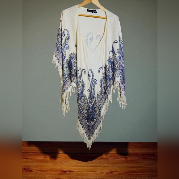 Bohemian Fringe Poncho with Blue Paisley Design By Mileage 43 Inches - Picture 1 of 6